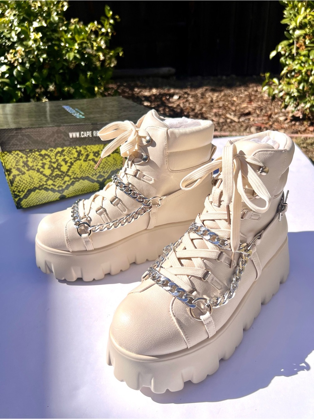 Chunky Platform Combat
Boots w/Silver Chains in Off White/Cream; Military Grunge